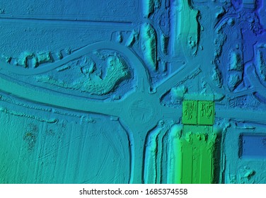 Digital elevation model. GIS product made after proccesing aerial pictures taken from a drone. It shows construction site of a roundabout and traffic cord 