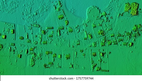Digital elevation model. GIS product made after proccesing aerial pictures taken from a drone. Shows the urban area of the scattered village