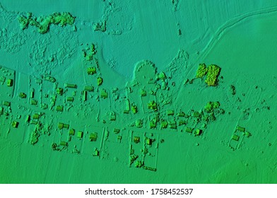 Digital elevation model. GIS product made after proccesing aerial pictures taken from a drone. Shows the urban area of the scattered village