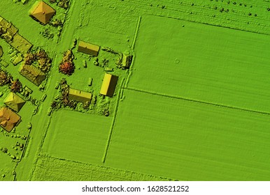 Digital elevation model. Hipsometric photo taken from a drone. It shows houses and other buidings
