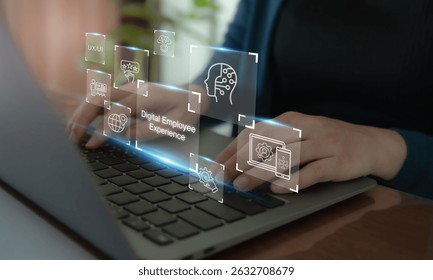 Digital Employee Experience concept.Hands typing on a laptop keyboard with futuristic digital interface such as digital employee experience,  digital tools, technologies and platforms in organization.
