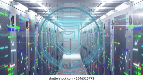 Digital envelope icon image over servers in data center hallway. communication, security, network, technology, connection, email