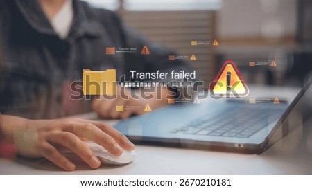 Digital error message transfer failed on laptop screen with warning icon. Concept of cyber security, data transfer problem, cloud storage issue, backup error, and technology risk.