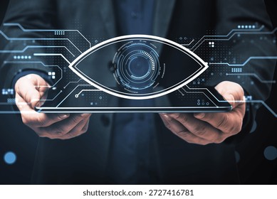 Digital eye interface on tablet held by man in suit, futuristic cyber style, dark tech background, concept of cybersecurity and surveillance