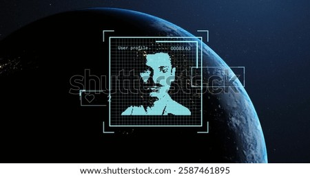 Digital face recognition image over Earth from space with data and numbers. Artificial intelligence, technology, cybersecurity, biometrics, global, surveillance