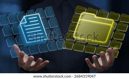 Digital file and folder icons. Document management and archive system. Businessperson holding holographic file and folder icons.
