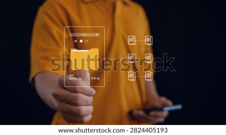 Digital file management and document organization concept featuring folder structure, data storage, document workflow, information management, cloud systems and business productivity.