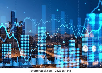 Digital financial chart overlaying a cityscape of Seattle at night, with skyscrapers and lights. Concept of economy and finance - Powered by Shutterstock