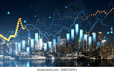Digital financial charts overlay Manhattan skyline at night, showcasing glowing graphs, data points, and analysis. Concept of trading and investing