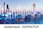 Digital financial growth graph overlaying a modern cityscape background, depicting upward trends and economic growth. New York city skyline.