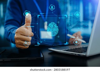Digital fingerprint authentication interface with cybersecurity, data protection, encryption and network security concept for secure business technology.