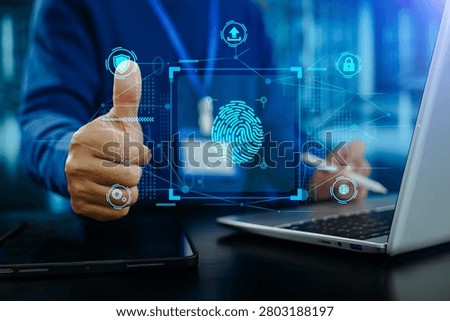 Digital fingerprint authentication interface with cybersecurity, data protection, encryption and network security concept for secure business technology.
