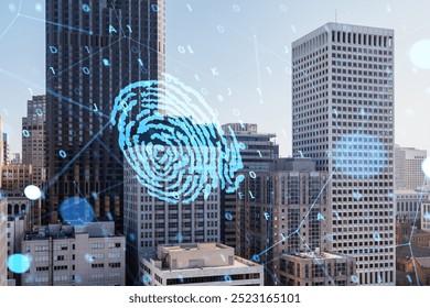 Digital fingerprint graphic overlaying San Francisco skyscrapers, featuring blue binary code patterns, representing cybersecurity and technology - Powered by Shutterstock - Get 15% off with code: PIKWIZARD15