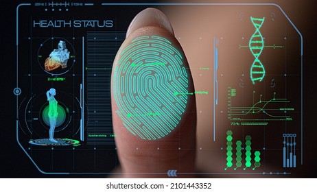 Digital Fingerprint Health Scanner Analyzing Personal Biometrical Information. Futuristic High-tech Medical Touchscreen Check User Status Show Holograms Closeup. Modern Technological Medicine Concept