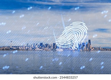 A digital fingerprint overlay with binary code above the Seattle skyline, featuring water in the foreground. Concept of cybersecurity - Powered by Shutterstock