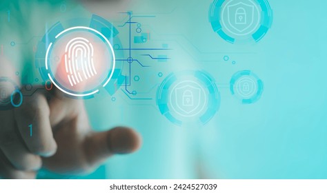 Digital fingerprint Verification. Man touching digital scanning fingermark for authorization access data, fingerprint scanning for identity verification