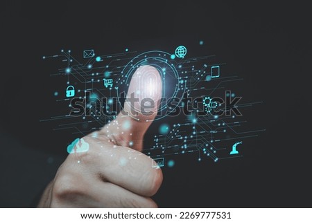 Digital Fingerprint Verification. Unrecognizable Businessman Touching Digital Tablet Scanning Fingermark For Authorization Access Over grey Background. Cropped
