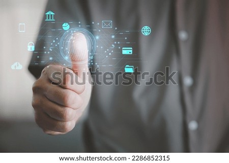 Digital Fingerprint Verification. Unrecognizable Businessman Touching Digital Tablet Scanning Fingermark For Authorization Access Over grey Background. Cropped
