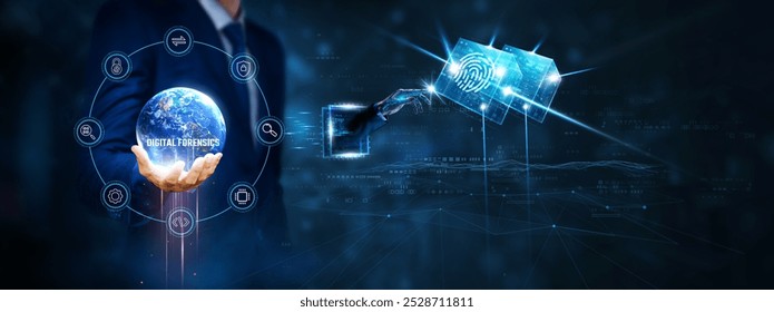 Digital Forensics: Businessman hand hold and robot touching on digital forensics technology on virtual interface. Data recovery, cybersecurity, evidence preservation, incident response. - Powered by Shutterstock