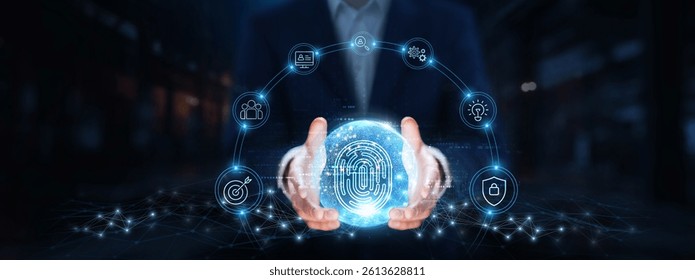 Digital Forensics: Businessman hands hold global digital forensics technology, cybersecurity, data recovery, evidence analysis, network security, incident response, malware detection, compliance.