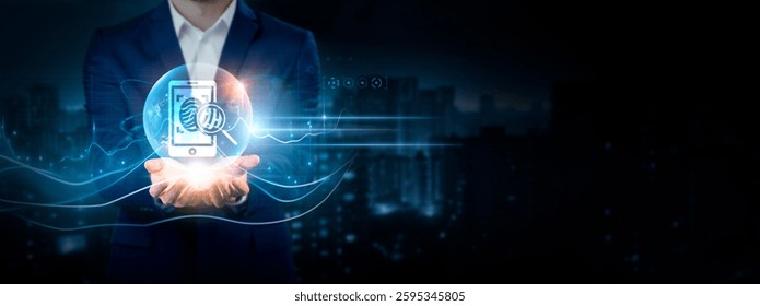 Digital Forensics: Businessman Holding Global Network Connection of Data. Global Business. Investigation, Analysis, Security, Advanced Technical Interface on Cyberspace.