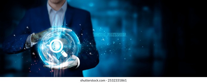 Digital Forensics: Businessman holding innovation technology develop smart solution from digital interfaces, data recovery, evidence analysis. - Powered by Shutterstock