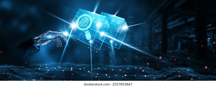 Digital Forensics: Businessman mechanical robotic hand touching digital forensics network technology on interface. Data recovery, evidence analysis, threat detection, investigation concept.