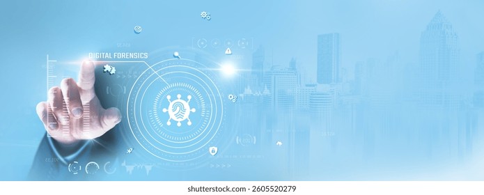 Digital Forensics: Businessman touching and analyzing cyber threats, data recovery, forensic investigation, evidence collection, security breaches, malware detection, and incident response.