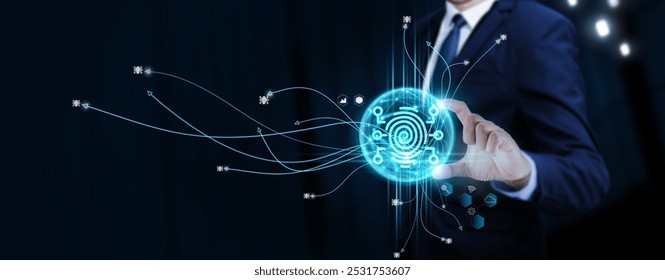 Digital Forensics: Businessman Touching Digital Global Network of Data Exchange. Investigating Cybersecurity Threats on Social Network Connection with Hologram Modern Interface.