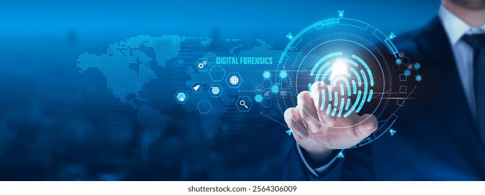 Digital Forensics concept: Businessman touching security icon on virtual interface, data recovery, cybersecurity measures, evidence analysis, investigation techniques, information integrity. - Powered by Shutterstock - Get 15% off with code: PIKWIZARD15