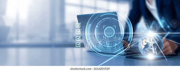 Digital Forensics: Investigation, evidence collection, analysis, cybersecurity, data recovery. Businessman selects a checkbox and uses a laptop analyzing data graph growth on global network.