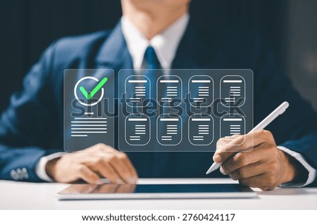 Digital form verification and approval system with checklist interface, representing document management, validation process, online workflow and business automation technology.