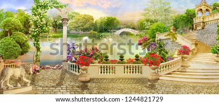 Digital fresco. Flower terrace and access to the lake with white swans and park views