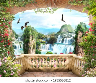 Digital fresco,View from the balcony of the mountain waterfalls