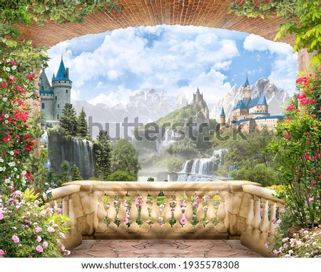 Digital fresco,View from the balcony of the mountain waterfalls with castles