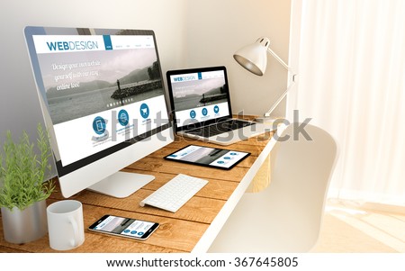 Digital generated devices over a wooden table with responsive design website. All screen graphics are made up. 3d illustration.