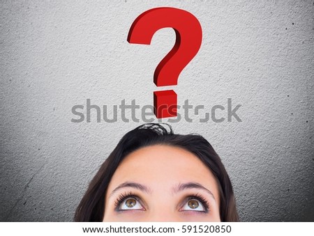Digital generated image of woman looking at question mark graphic above her head