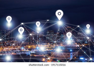 Digital Geolocation Interface Over Night City View. Geolocation And Distributed Data Concept.