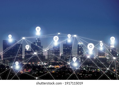 Digital Geolocation Interface Over Night City View. Geolocation And Distributed Data Concept.