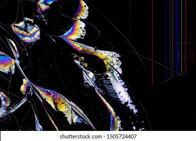 Digital Glitch, Flowing Crystals In The Form Of Colored Stripes And Cracks On The Broken Screen Of A Liquid Crystal Display, Computer Monitor Or TV