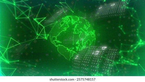 Digital globe and binary code data processing image over green network connections. Technology, networking, cyber, information, communication, futuristic