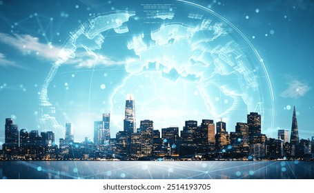 Digital globe hologram floats above a modern city skyline under a blue sky, representing smart city and global tech connectivity concepts