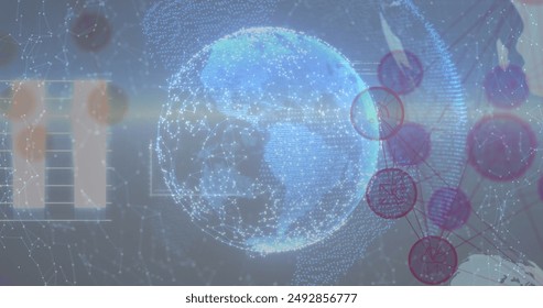 Digital globe with interconnected lines and nodes representing global connectivity. Abstract background with data visualizations and network patterns