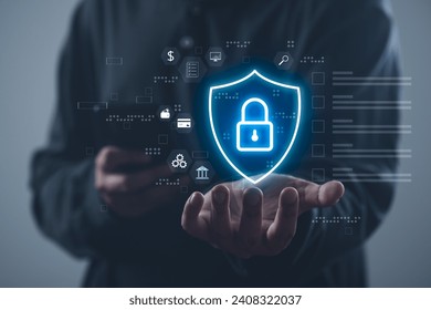 Digital graphic Shield lock button and personal information icons appeared while man using Smart mobile phone. Cyber security, network data protection, business privacy digital technology concept. - Powered by Shutterstock