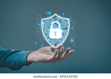 Digital graphic Shield lock button and personal information icons appeared while man using Smart mobile phone. Cyber security, network data protection, business privacy digital technology concept.