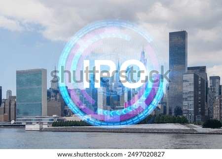 Digital graphics showcasing IPO over a city skyline background. Concept of finance and initial public offerings in an urban setting