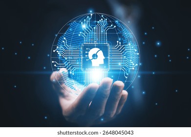 Digital hand holding glowing AI sphere, symbolizing intelligence, data processing, automation and next-generation tech for business development. - Powered by Shutterstock - Get 15% off with code: PIKWIZARD15