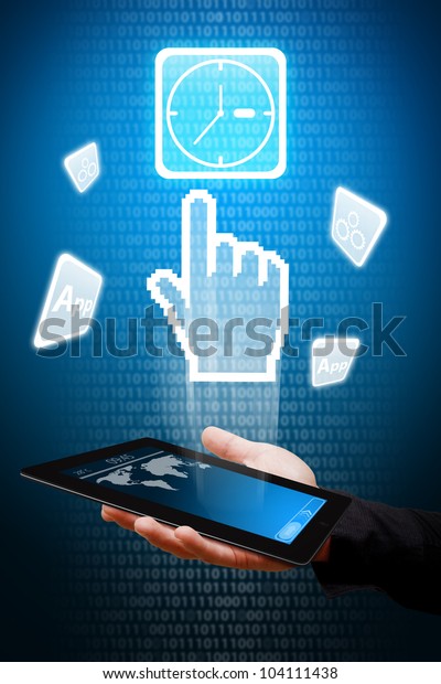 Digital hand\
point to Clock icon from tablet\
pc