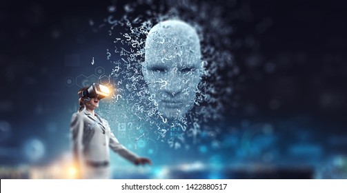 Digital head, artificial intelligence and virtual reality. Mixed media