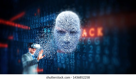 Digital head, artificial intelligence and virtual reality. Mixed media